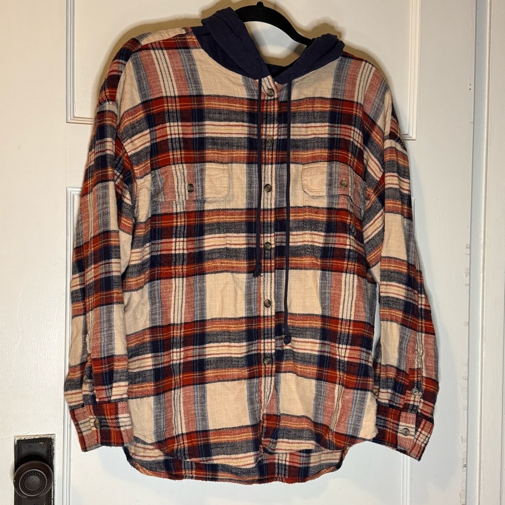American Eagle Outfitters Navy and Orange Plaid Shirt